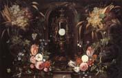 Jan Van Kessel Still life of various flowers and grapes encircling a reliqu ary containing the host,set within a stone niche china oil painting image